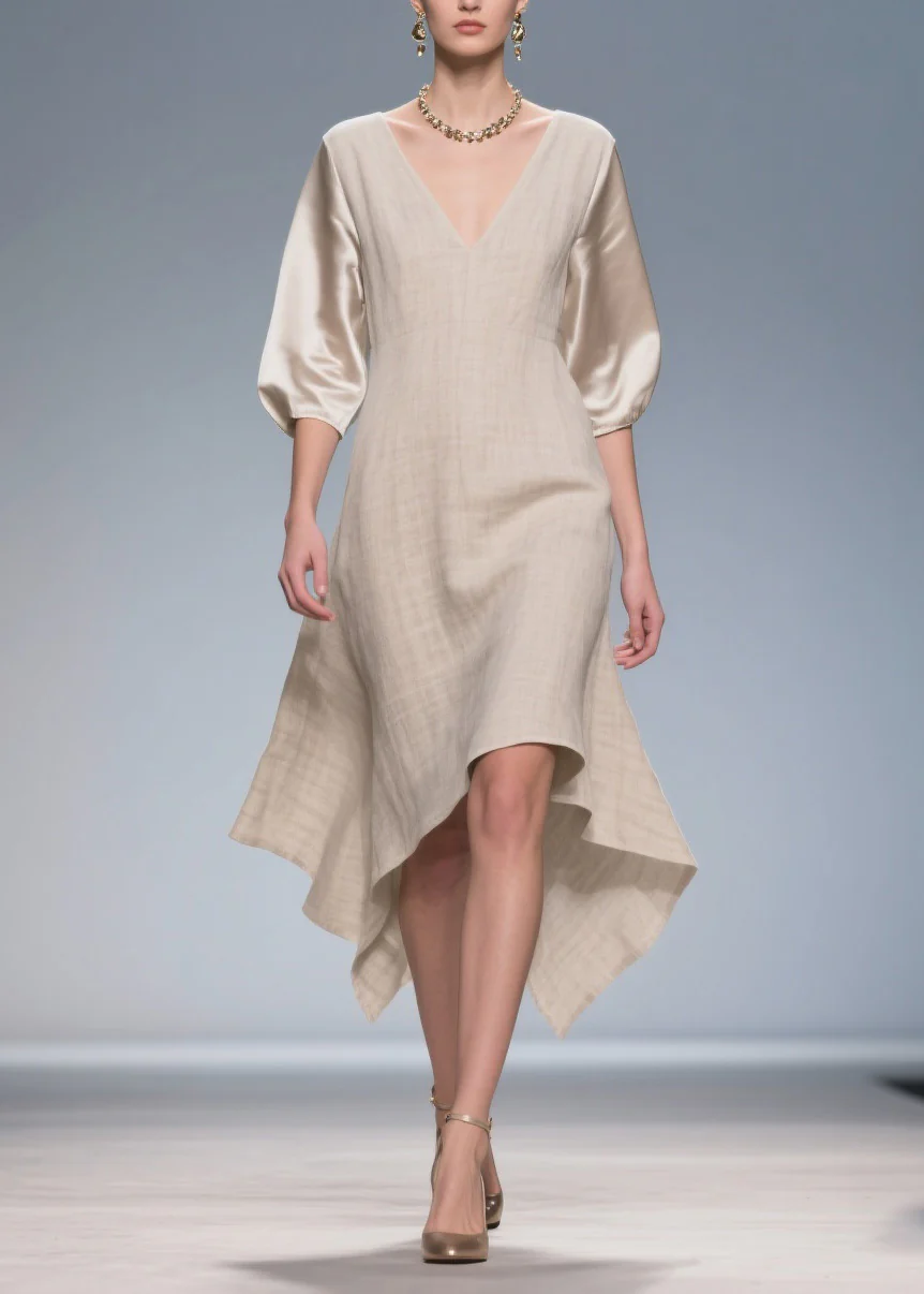 Plus Size V Neck Patchwork Linen Silk Dress Summer - Image 5