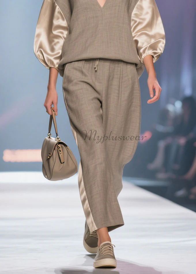 Plus Size V Neck Patchwork Linen Silk Two Pieces Set Spring - Image 4