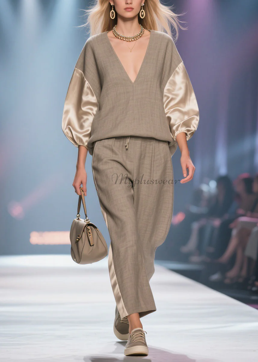 Plus Size V Neck Patchwork Linen Silk Two Pieces Set Spring - Image 5