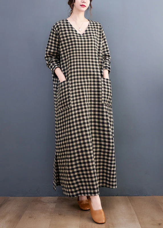 Plus Size V Neck Plaid Pockets Cotton Long Dress Summer - Image 3