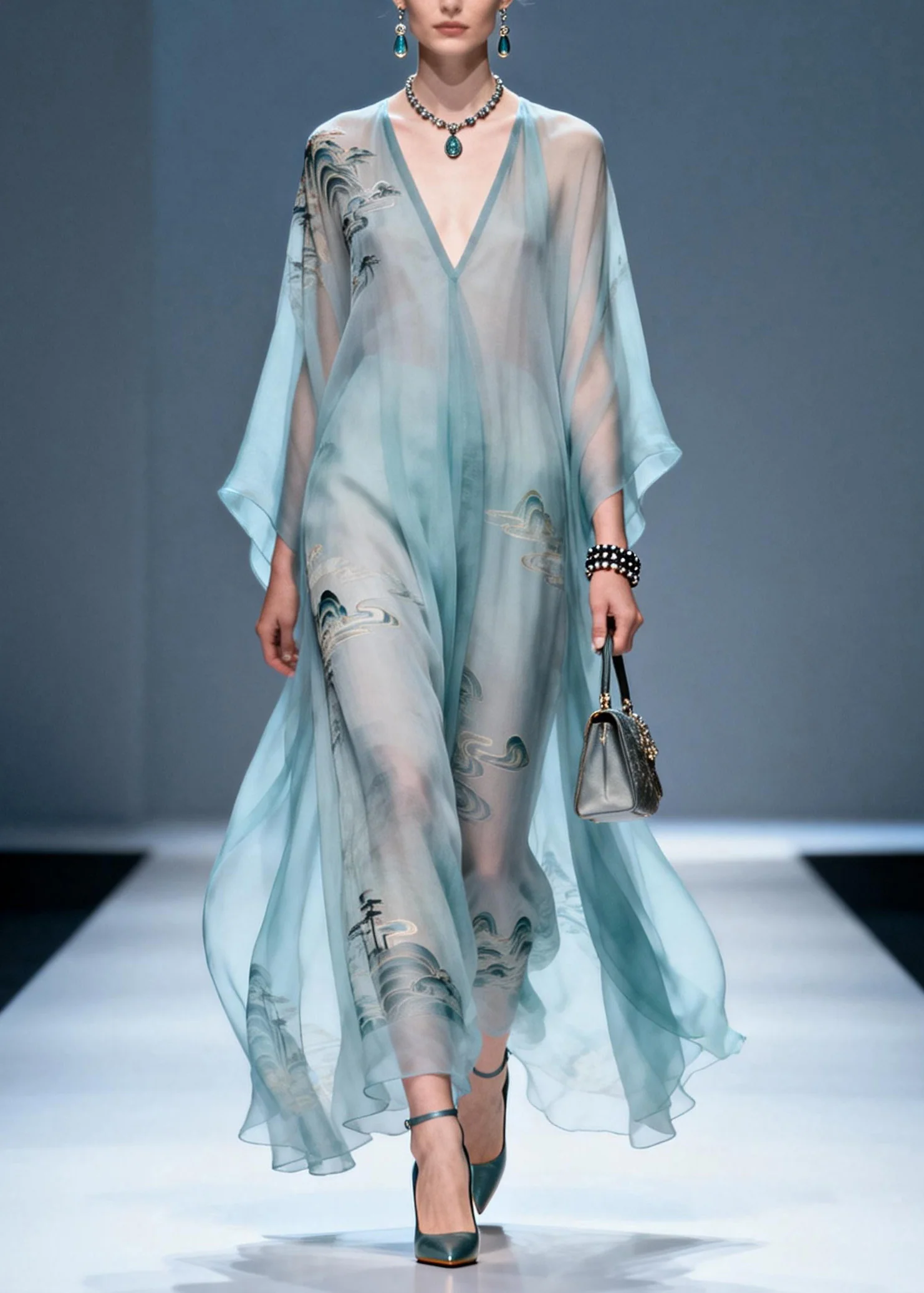 Plus Size V Neck Print Chiffon Long Dresses Summer - Image 3