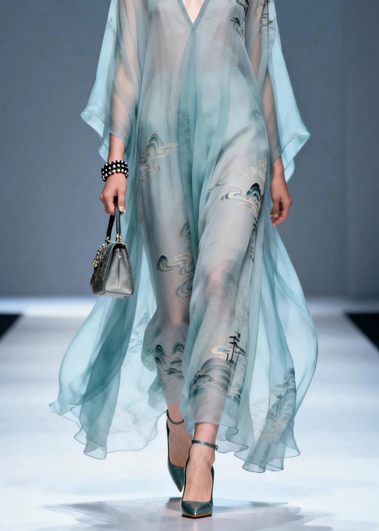 Plus Size V Neck Print Chiffon Long Dresses Summer - Image 4