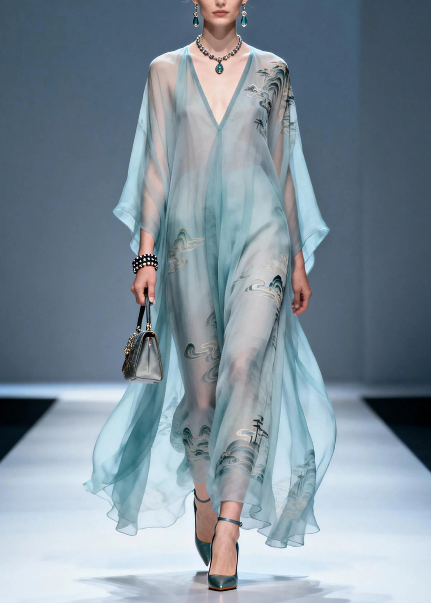 Plus Size V Neck Print Chiffon Long Dresses Summer - Image 5