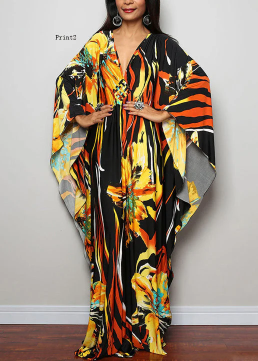 Plus Size V Neck Print Cotton Long Robe Dress Summer - Image 2
