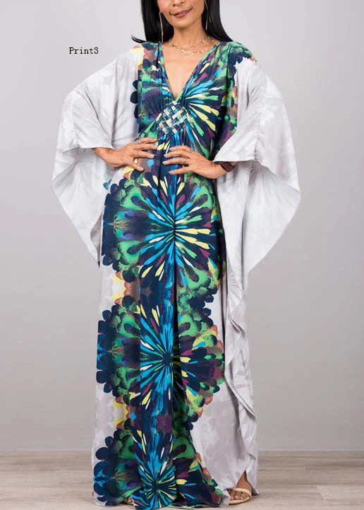 Plus Size V Neck Print Cotton Long Robe Dress Summer - Image 3