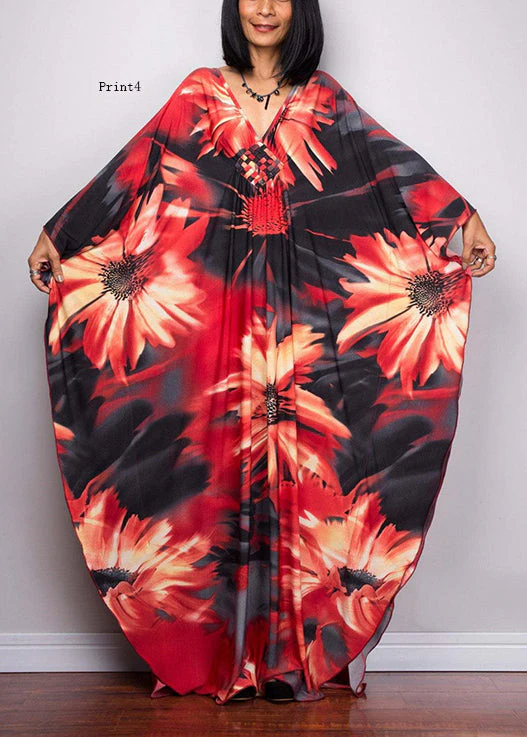 Plus Size V Neck Print Cotton Long Robe Dress Summer - Image 4