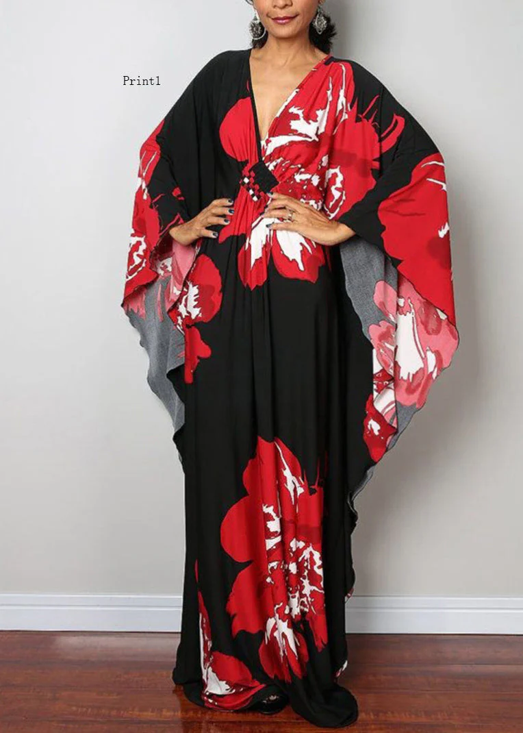 Plus Size V Neck Print Cotton Long Robe Dress Summer - Image 5