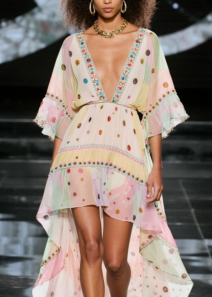 Plus Size V Neck Print Low High Design Chiffon Dresses Summer - Image 2