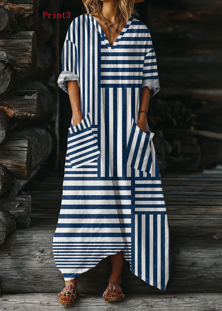 Plus Size V Neck Print Pockets Cotton Long Dress Summer - Image 3