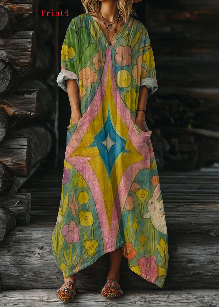 Plus Size V Neck Print Pockets Cotton Long Dress Summer - Image 4