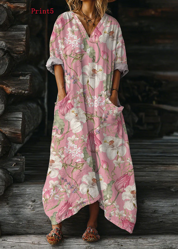 Plus Size V Neck Print Pockets Cotton Long Dress Summer - Image 5