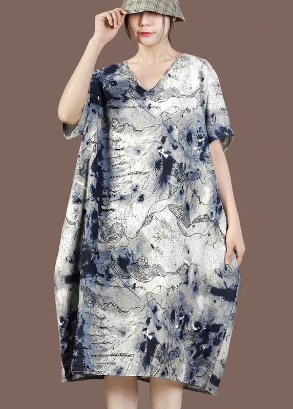 Plus Size V Neck Print Pockets Dresses Short Sleeve - Image 2