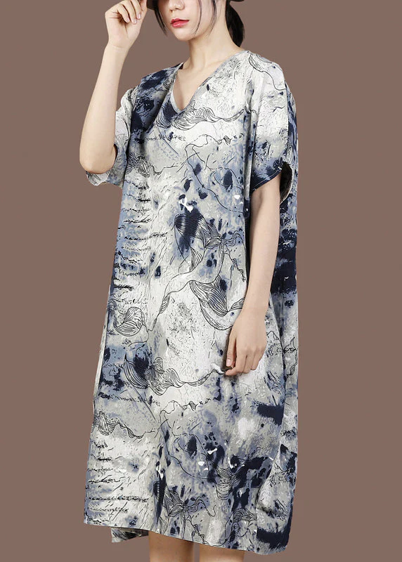 Plus Size V Neck Print Pockets Dresses Short Sleeve - Image 3