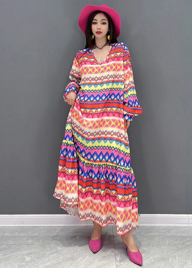 Plus Size V Neck Print Silk Maxi Dress Long Sleeve - Image 2
