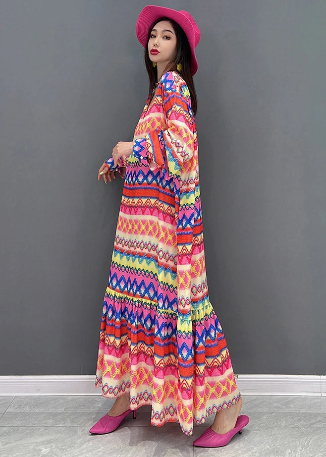 Plus Size V Neck Print Silk Maxi Dress Long Sleeve - Image 3
