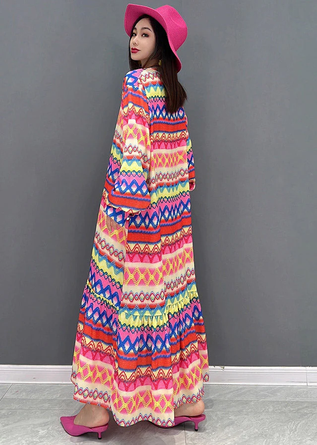 Plus Size V Neck Print Silk Maxi Dress Long Sleeve - Image 4