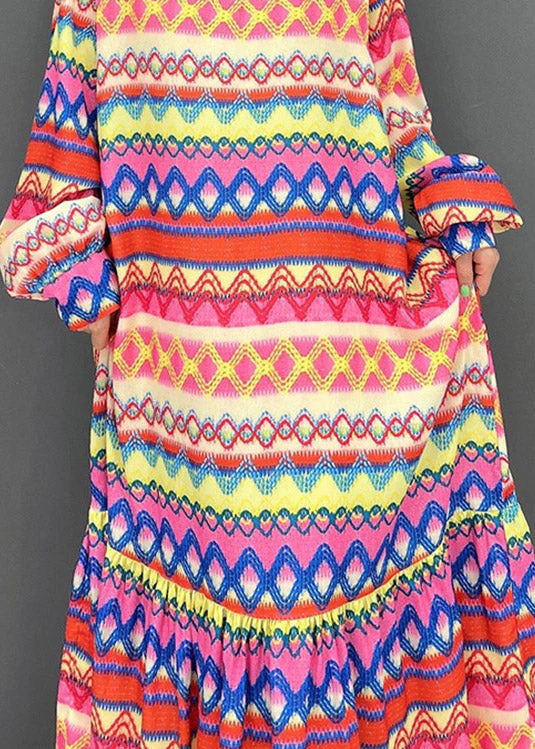 Plus Size V Neck Print Silk Maxi Dress Long Sleeve - Image 5