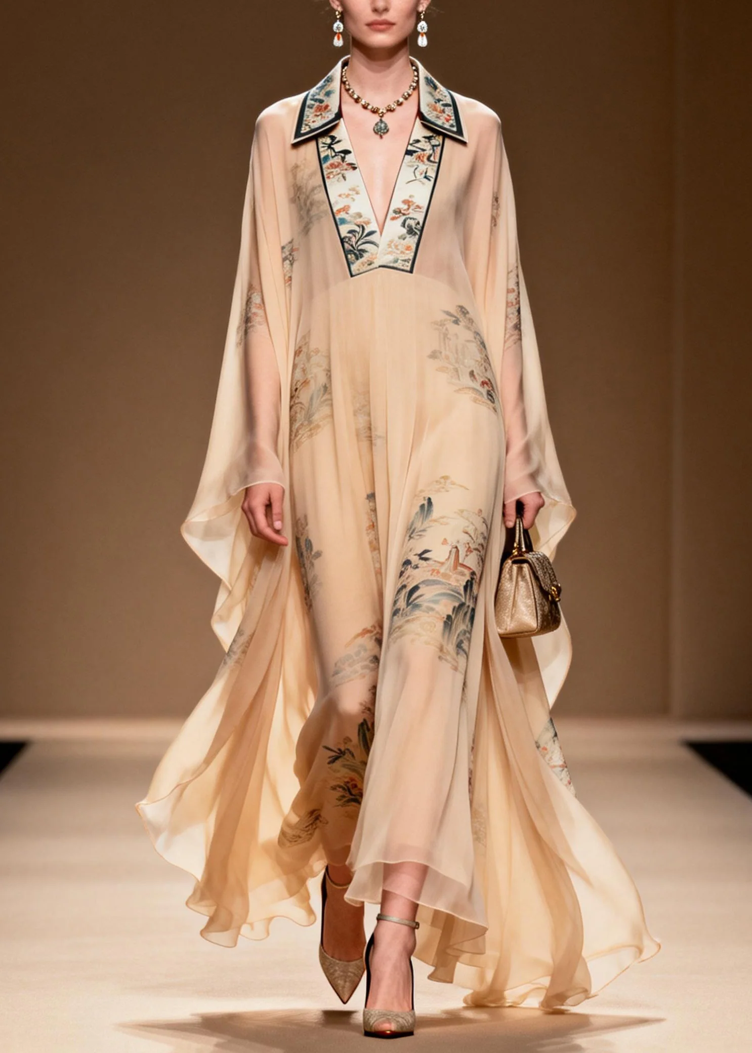 Plus Size V Neck Print Wrinkled Chiffon Dress Spring - Image 5