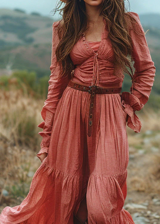 Plus Size V Neck Ruffled Patchwork Cotton Long Dress Spring - Image 2