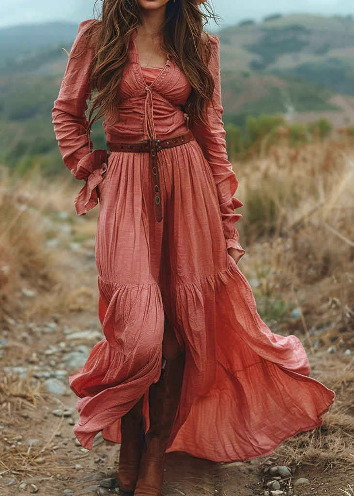 Plus Size V Neck Ruffled Patchwork Cotton Long Dress Spring - Image 3