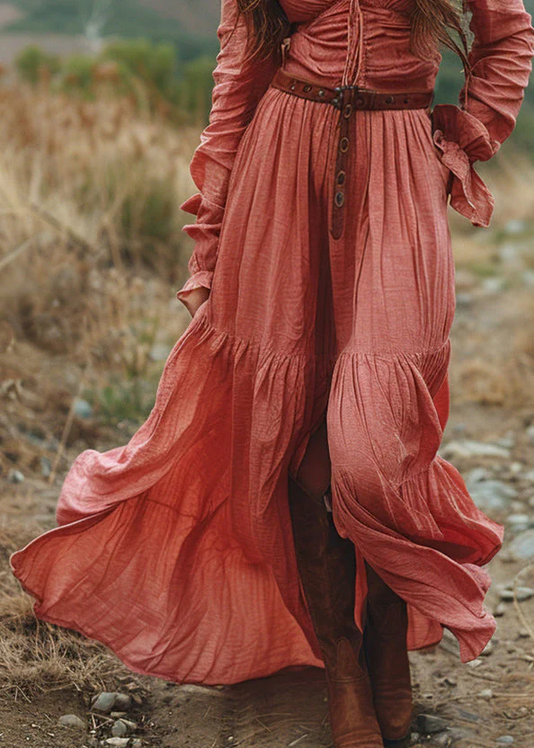 Plus Size V Neck Ruffled Patchwork Cotton Long Dress Spring - Image 4