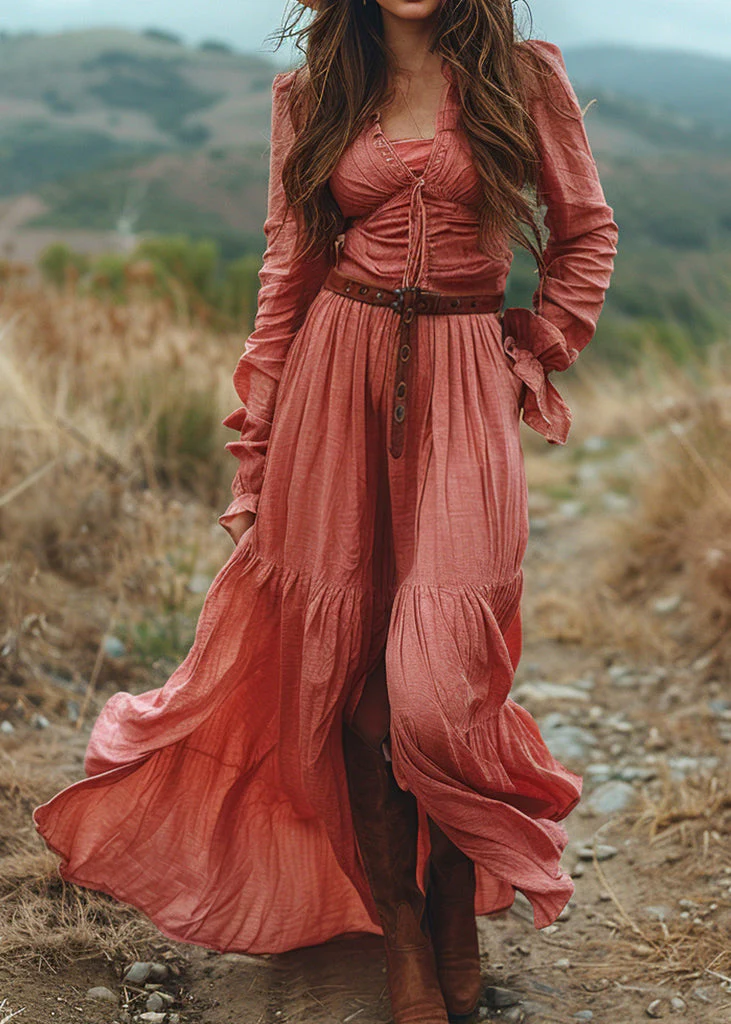 Plus Size V Neck Ruffled Patchwork Cotton Long Dress Spring - Image 5