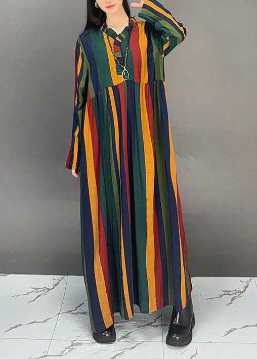 Plus Size V Neck Ruffled Striped Cotton Long Dresses Fall - Image 3