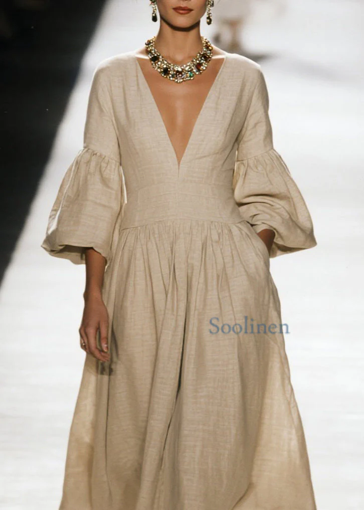 Plus Size V Neck Wrinkled Patchwork Cotton Dress Spring - Image 2