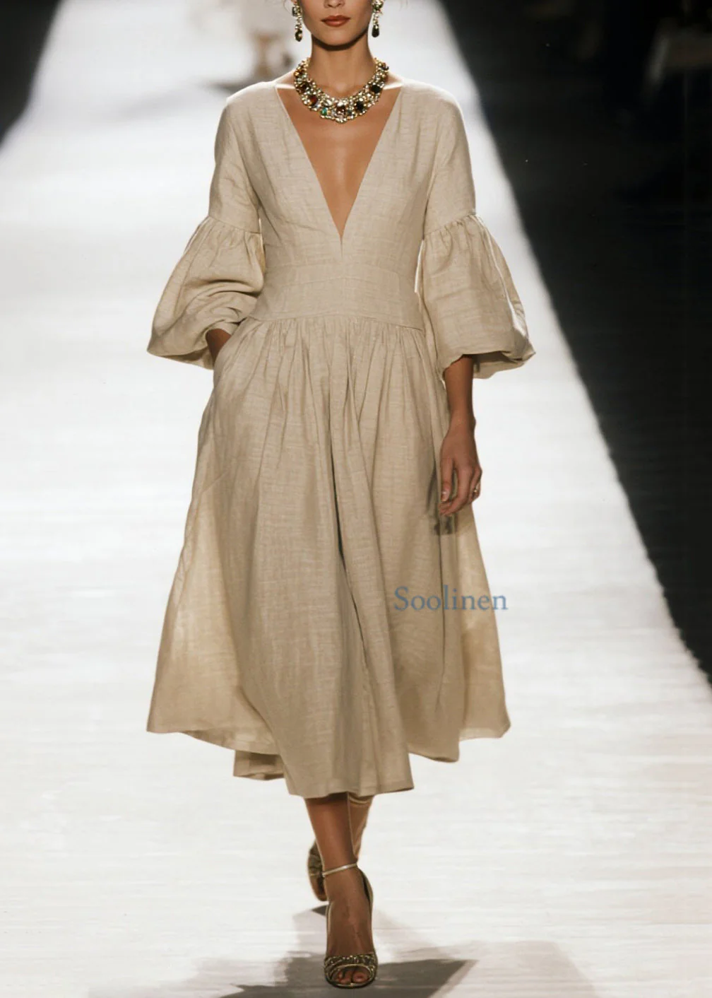 Plus Size V Neck Wrinkled Patchwork Cotton Dress Spring - Image 3