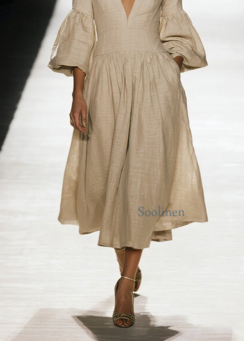 Plus Size V Neck Wrinkled Patchwork Cotton Dress Spring - Image 4