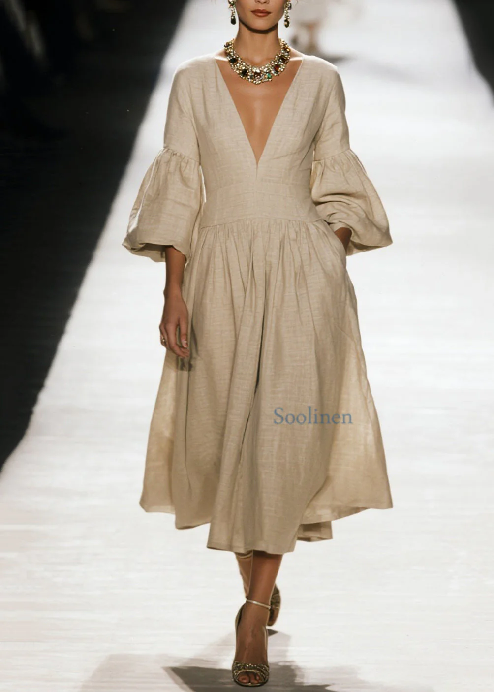 Plus Size V Neck Wrinkled Patchwork Cotton Dress Spring - Image 5