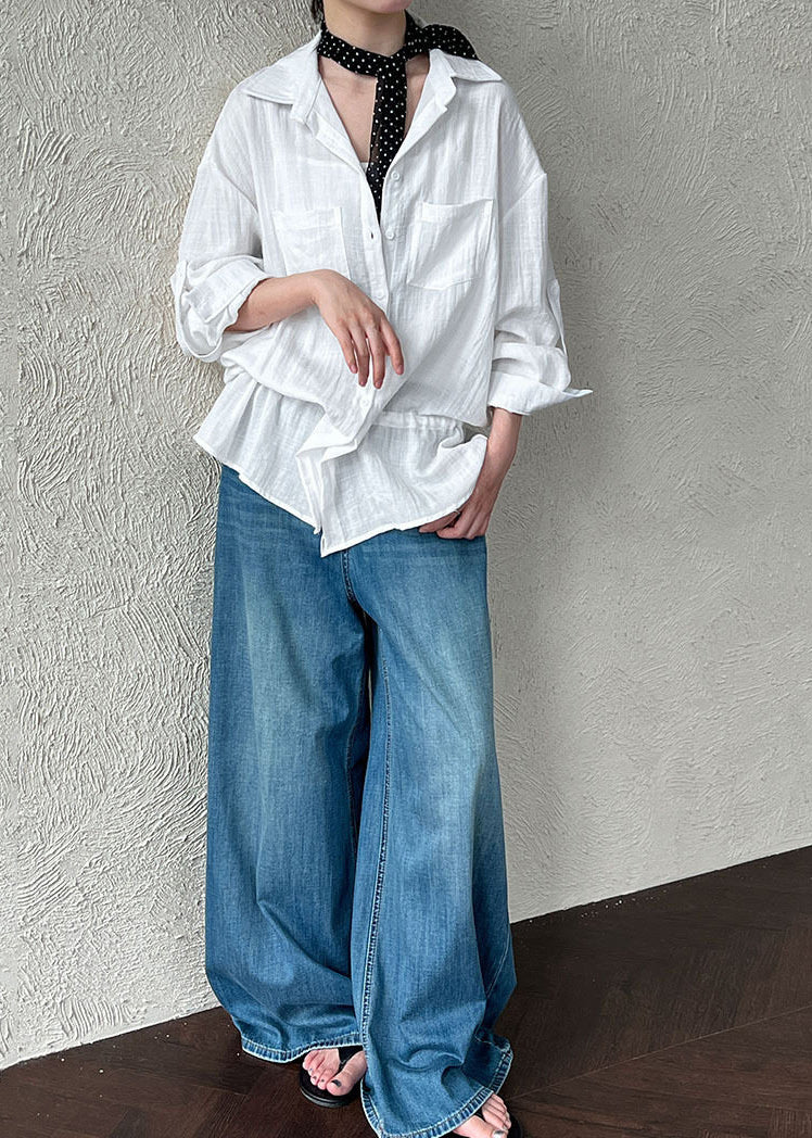 Plus Size White Cinched Cotton UPF 50+ Blouses Spring - Image 4