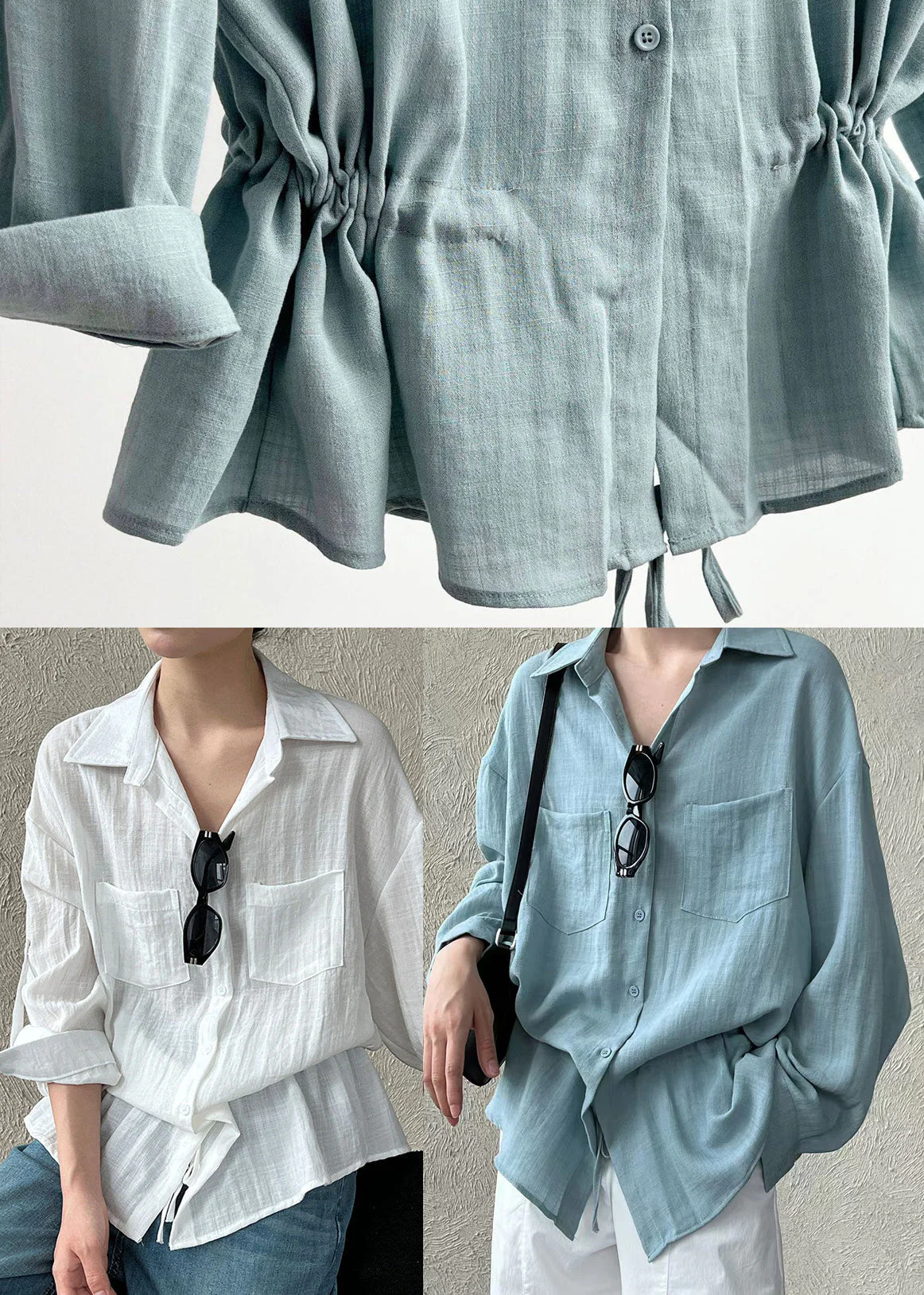Plus Size White Cinched Cotton UPF 50+ Blouses Spring - Image 5