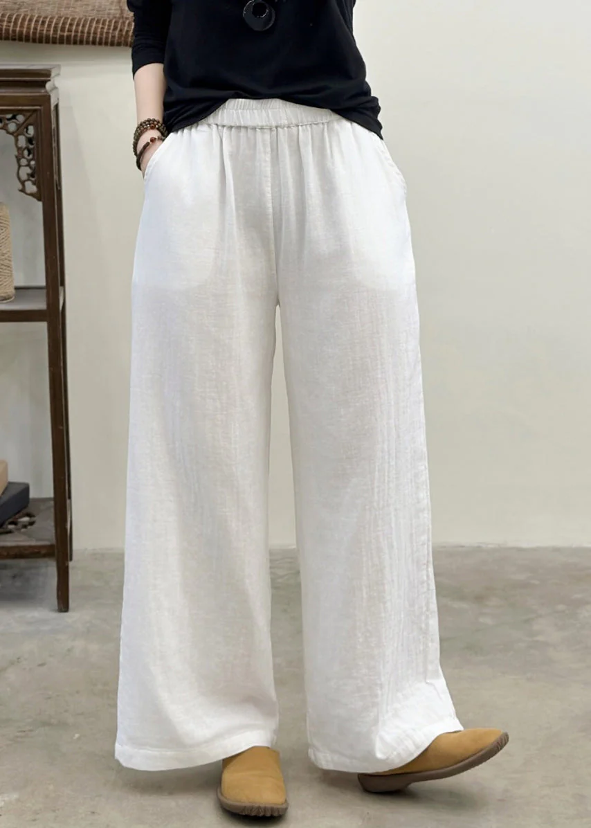 Plus Size White Elastic Waist Linen Straight Pants Summer - Image 2