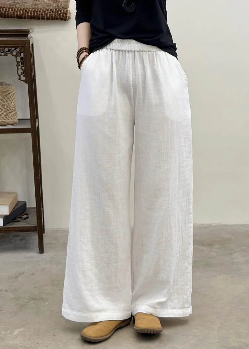 Plus Size White Elastic Waist Linen Straight Pants Summer - Image 4