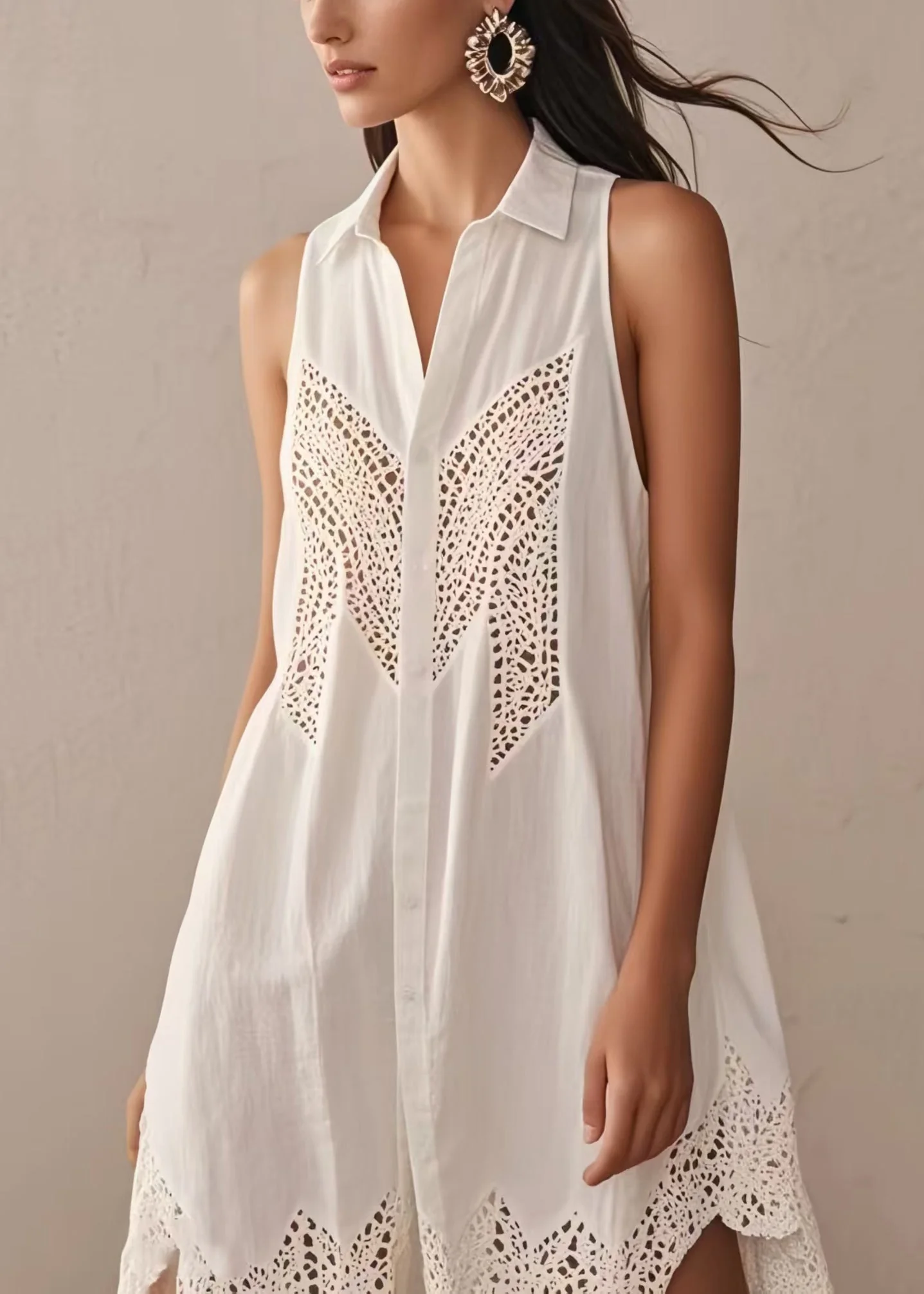 Plus Size White Hollow Out Cotton Day Dress Sleeveless - Image 3