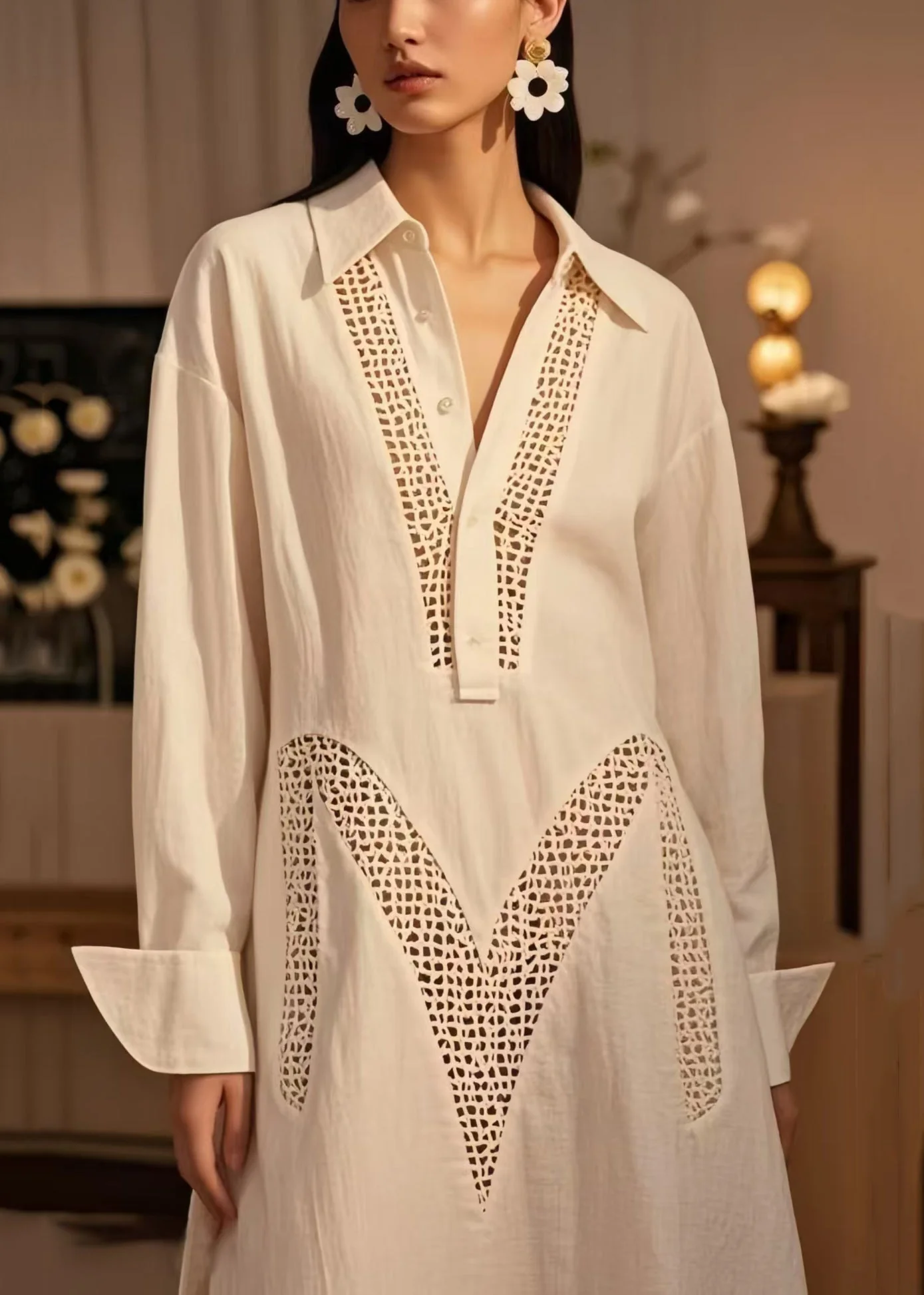 Plus Size White Hollow Out Cotton Maxi Dresses Spring - Image 3