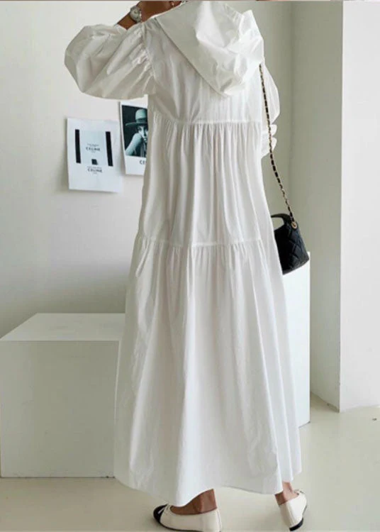 Plus Size White Hooded Patchwork Cotton Maxi Dress Spring - Image 4