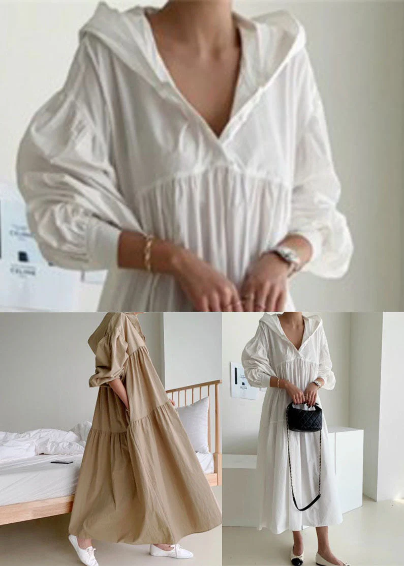 Plus Size White Hooded Patchwork Cotton Maxi Dress Spring - Image 5