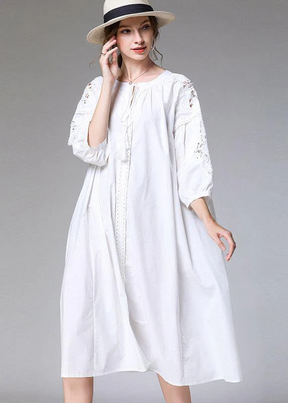 Plus Size White Loose O-Neck A Line Spring Maxi Dress Three Quarter Sleeve
