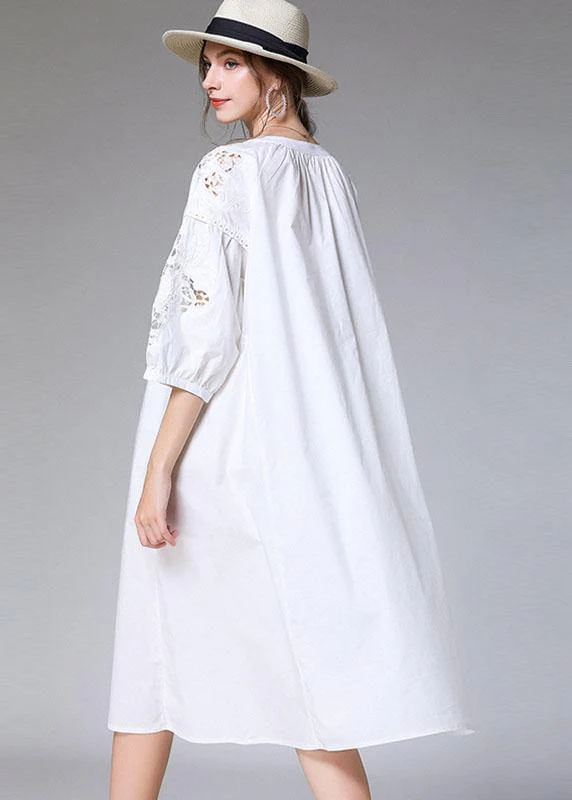 Plus Size White Loose O-Neck A Line Spring Maxi Dress Three Quarter Sleeve - Image 4
