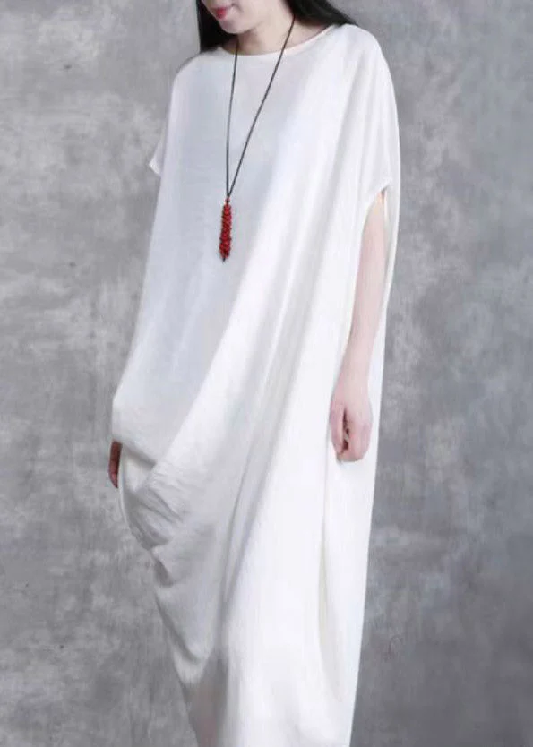 Plus Size White O-Neck Asymmetrical Wrinkled Linen Dress Short Sleeve - Image 2
