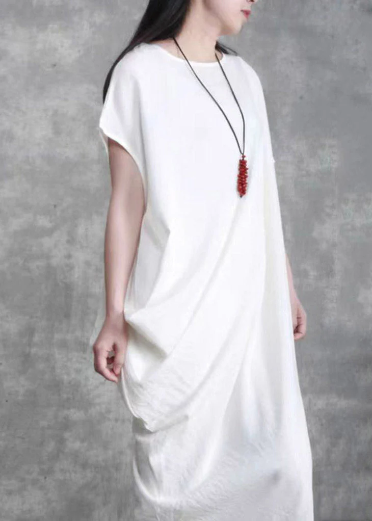 Plus Size White O-Neck Asymmetrical Wrinkled Linen Dress Short Sleeve - Image 3