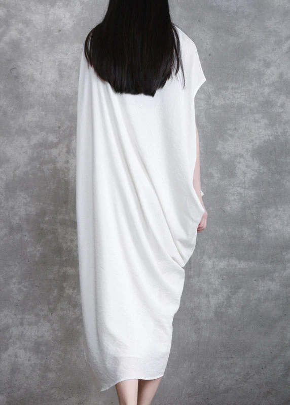 Plus Size White O-Neck Asymmetrical Wrinkled Linen Dress Short Sleeve - Image 4