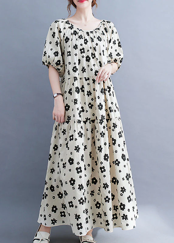Plus Size White O-Neck wrinkled Floral Print Beach Dress Short Sleeve - Image 2