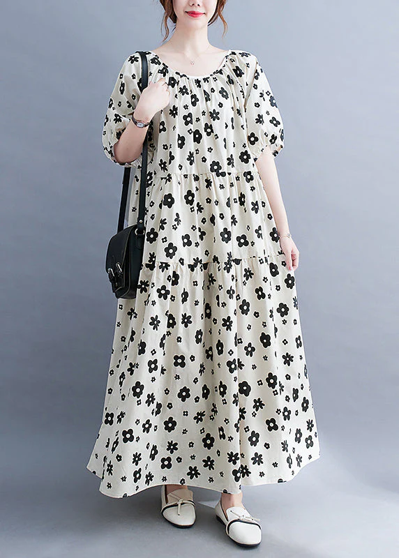 Plus Size White O-Neck wrinkled Floral Print Beach Dress Short Sleeve - Image 3