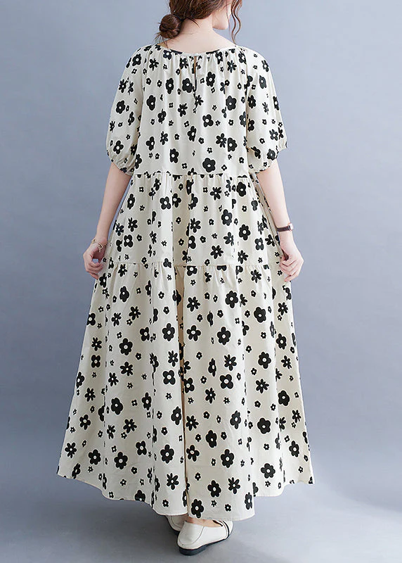Plus Size White O-Neck wrinkled Floral Print Beach Dress Short Sleeve - Image 5