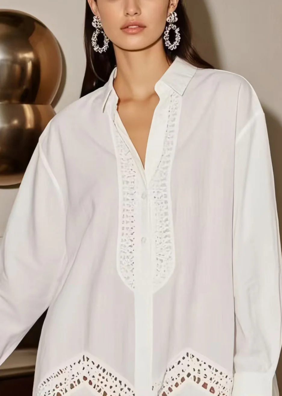 Plus Size White Oversized Hollow Out Cotton Shirt Dress Spring - Image 2