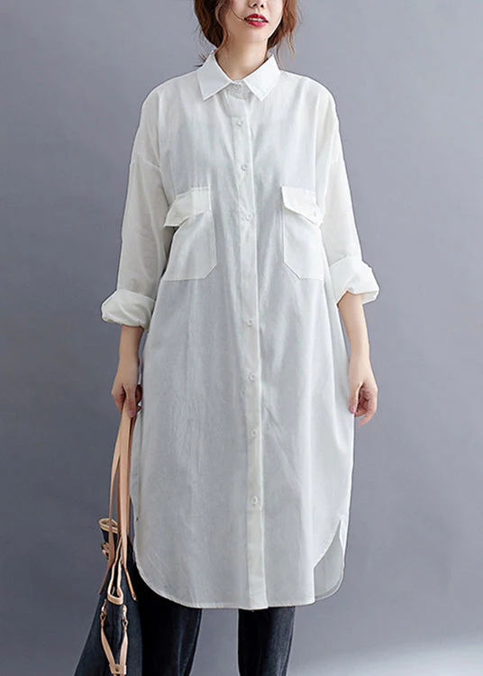 Plus Size White Peter Pan Collar Button Patchwork Cotton Shirts Dress Fall - Image 2