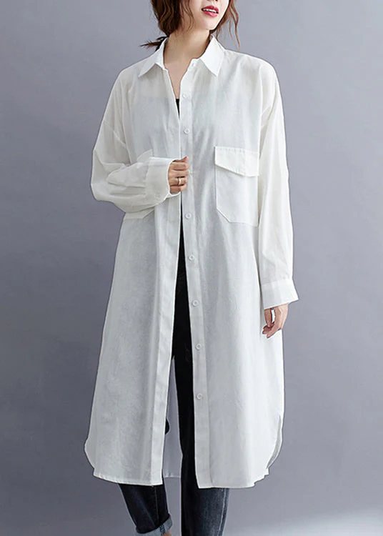 Plus Size White Peter Pan Collar Button Patchwork Cotton Shirts Dress Fall - Image 3